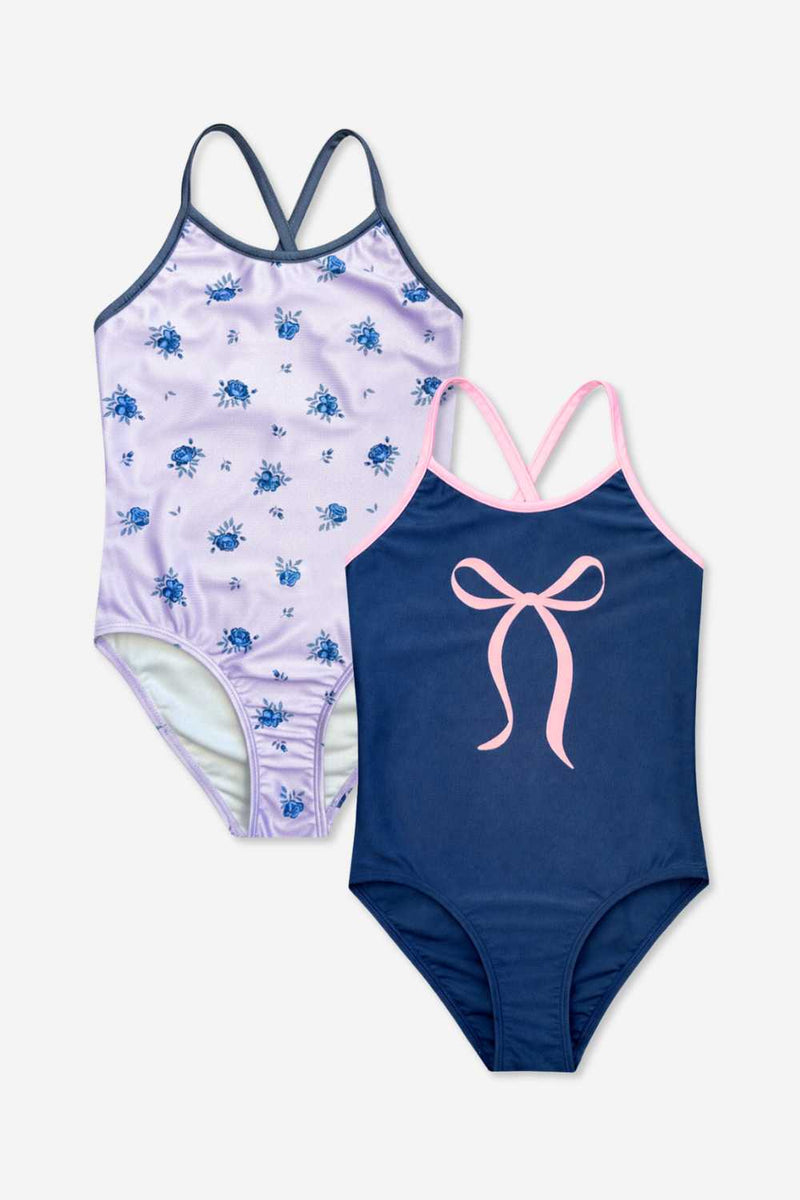 2 Pack - Strappy One Piece Swimsuit - Navy Pink Bow | Lilac Navy Ditsy Floral - NEW!