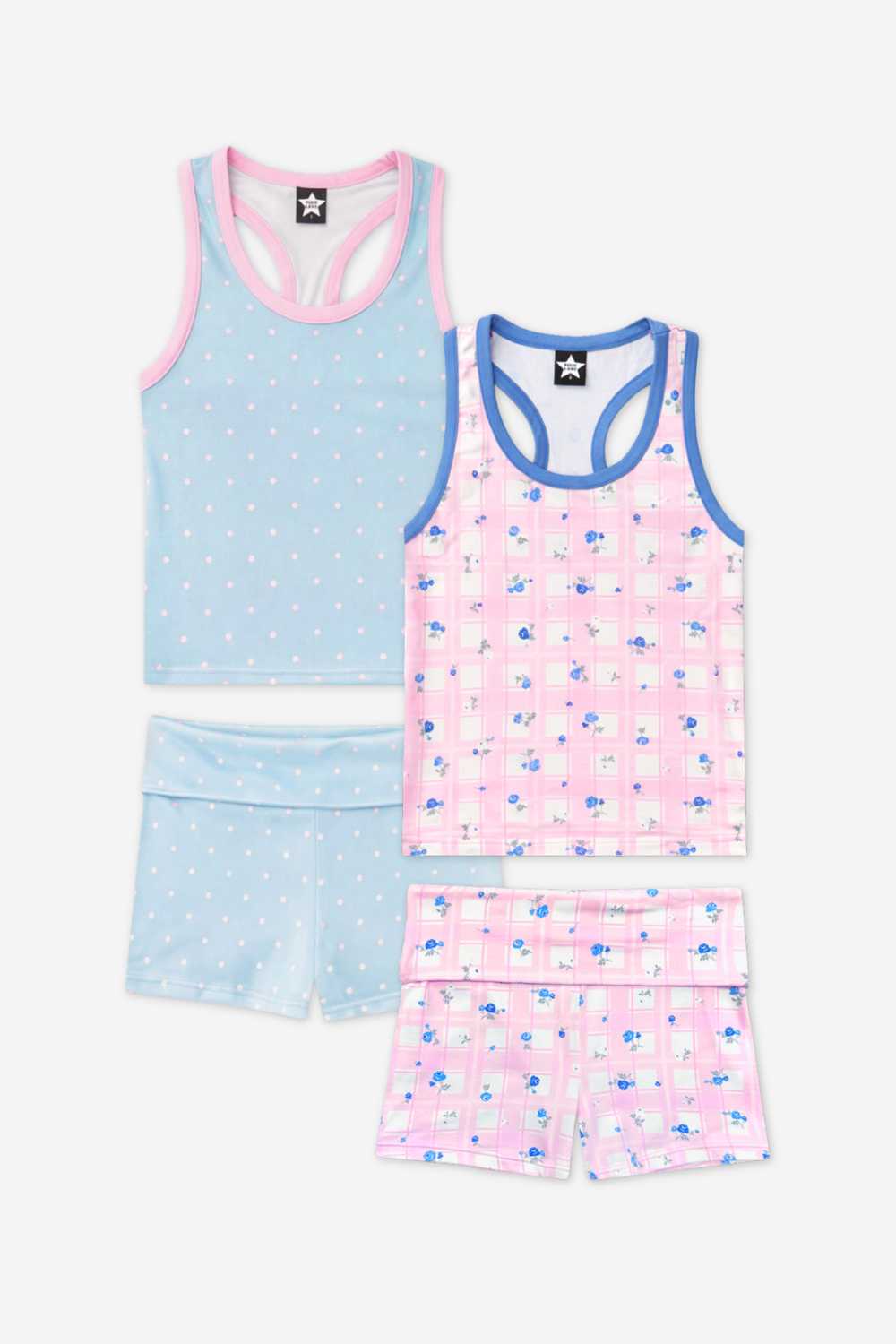 2 Pack - Racerback Tank & Foldover Short Set - Pink Plaid Floral | Denim Pink Polka Dot