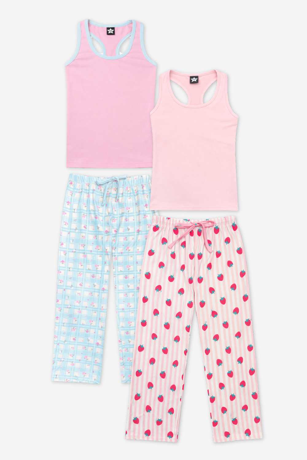 2 Pack - Simply Soft Racer Tank & Karate Pant Set - Pink Ivory Striped Strawberry | Pink Lt Blue Plaid Floral