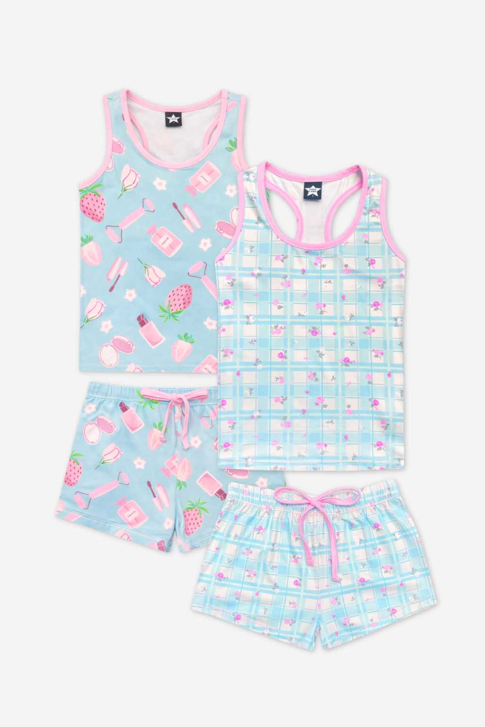 2 Pack Simply Soft Racerback Tank & Dolphin Short - Lt Blue Plaid Floral | Sage Pink Makeup