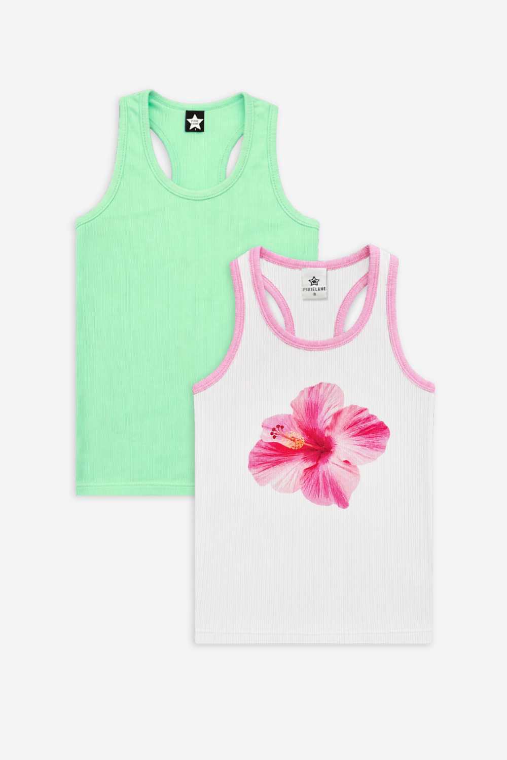 2 Pack - Ribbed Racerback Tank - Black | White Hibiscus Floral - NEW!