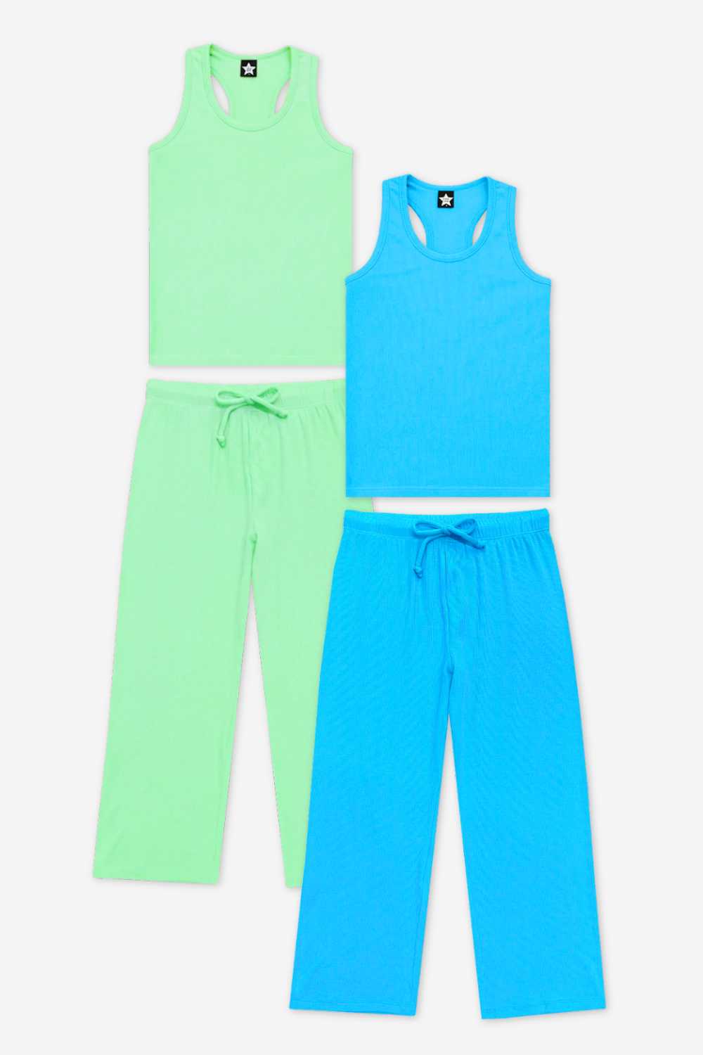 2 Pack Ultra Soft Ribbed Racer Tank & Karate Pant Set - Neon Blue | Neon Lime
