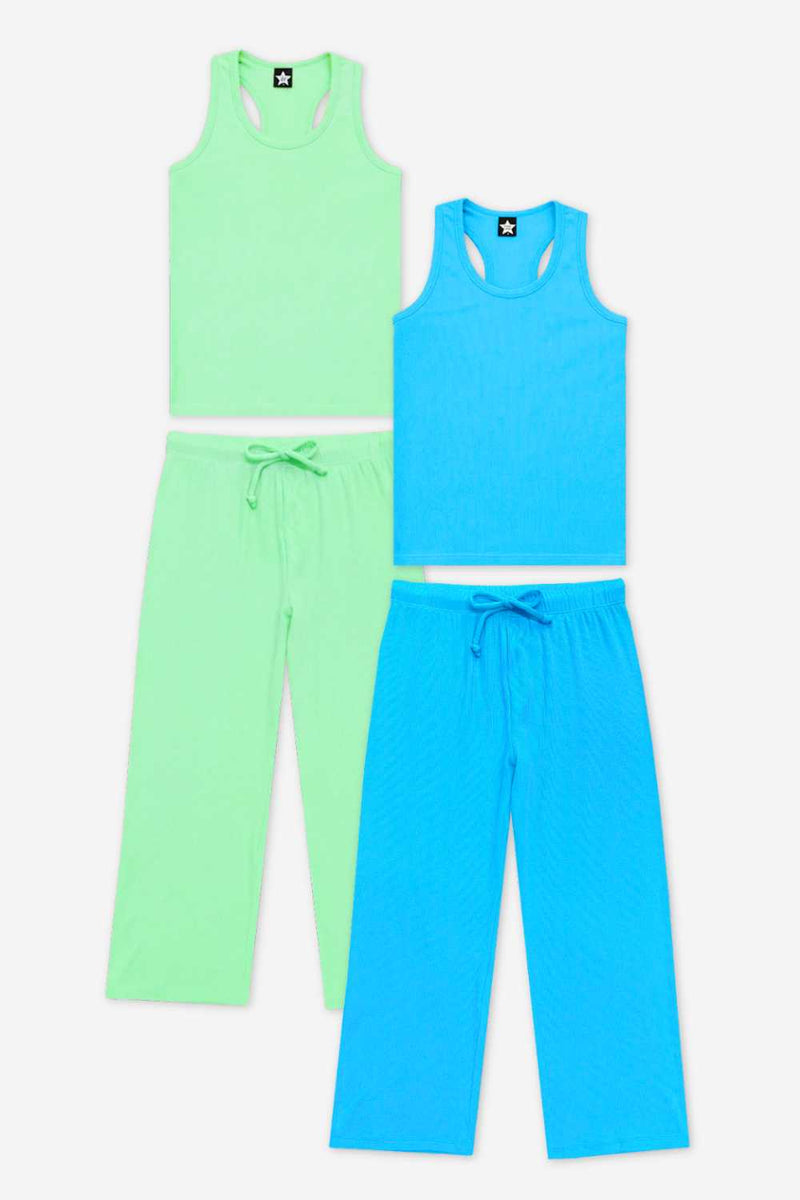 2 Pack Ultra Soft Ribbed Racer Tank & Karate Pant Set - Neon Blue | Neon Lime - NEW!