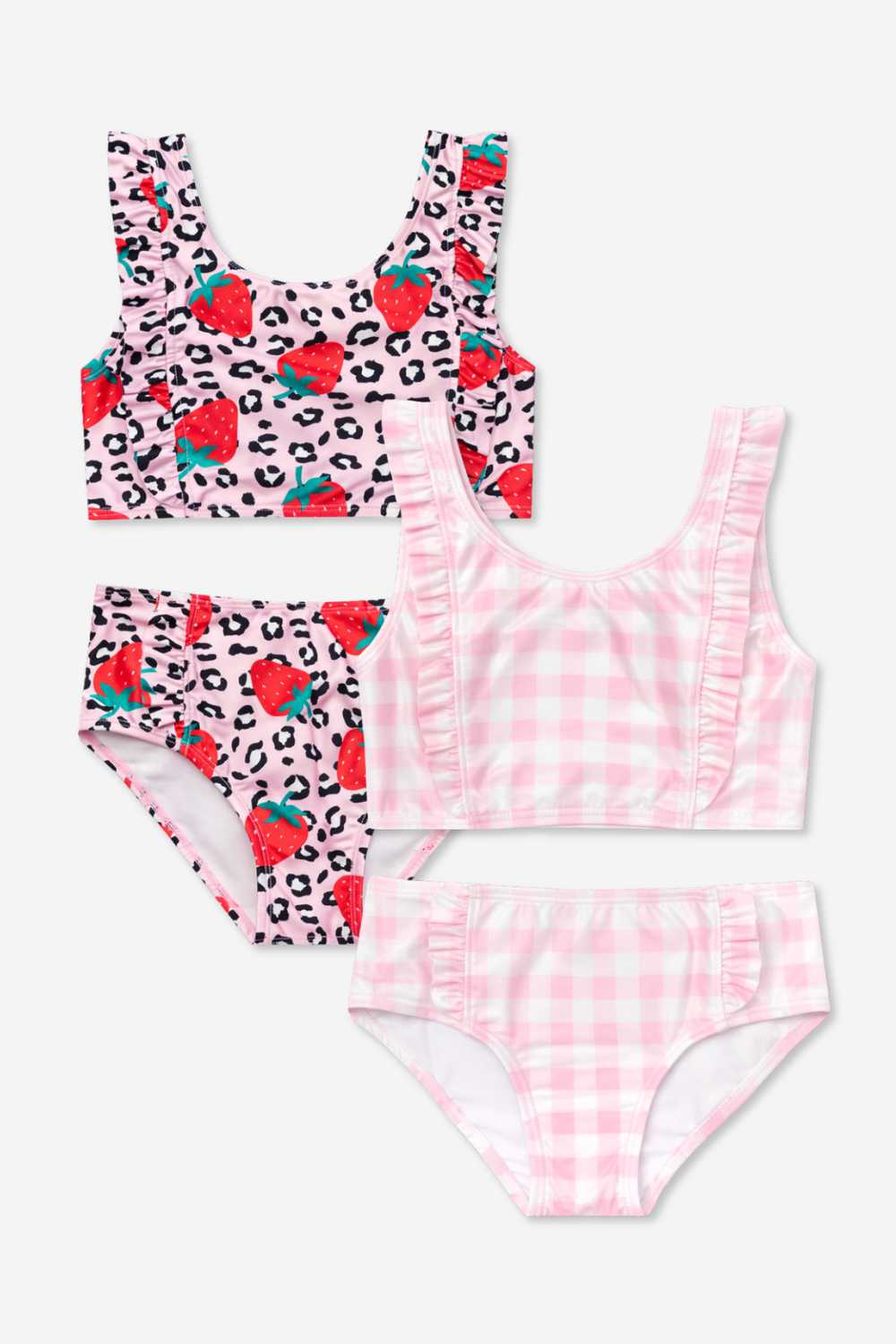 2 Pack Ruffle Two Piece Swimsuit - Strawberry Leopard | Pink Blue Watercolor Rose