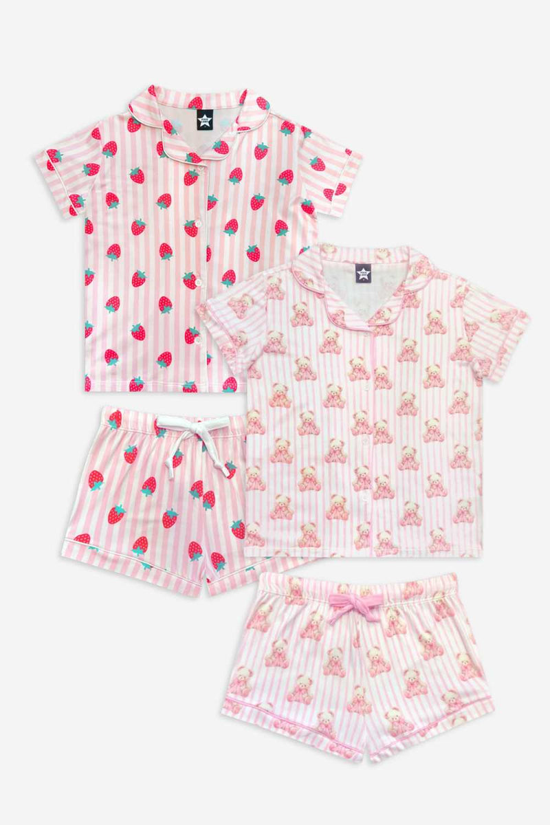 2 Pack - Short Sleeve Simply Soft Button Down Top & Short - Pink Ivory Striped Strawberry | Ivory Pink Stripe Bear Bow