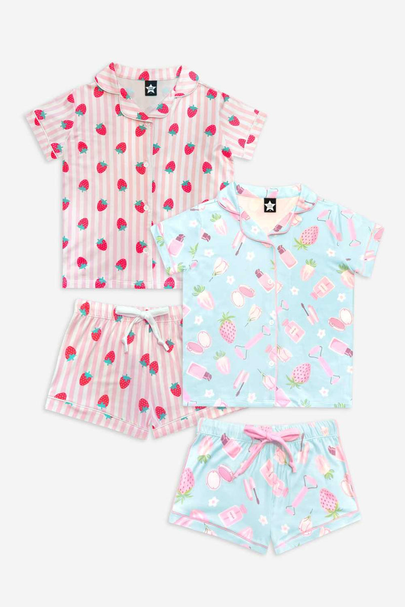 2 Pack - Short Sleeve Simply Soft Button Down Top & Short - Pink Ivory Striped Strawberry | Sage Pink Makeup - NEW!