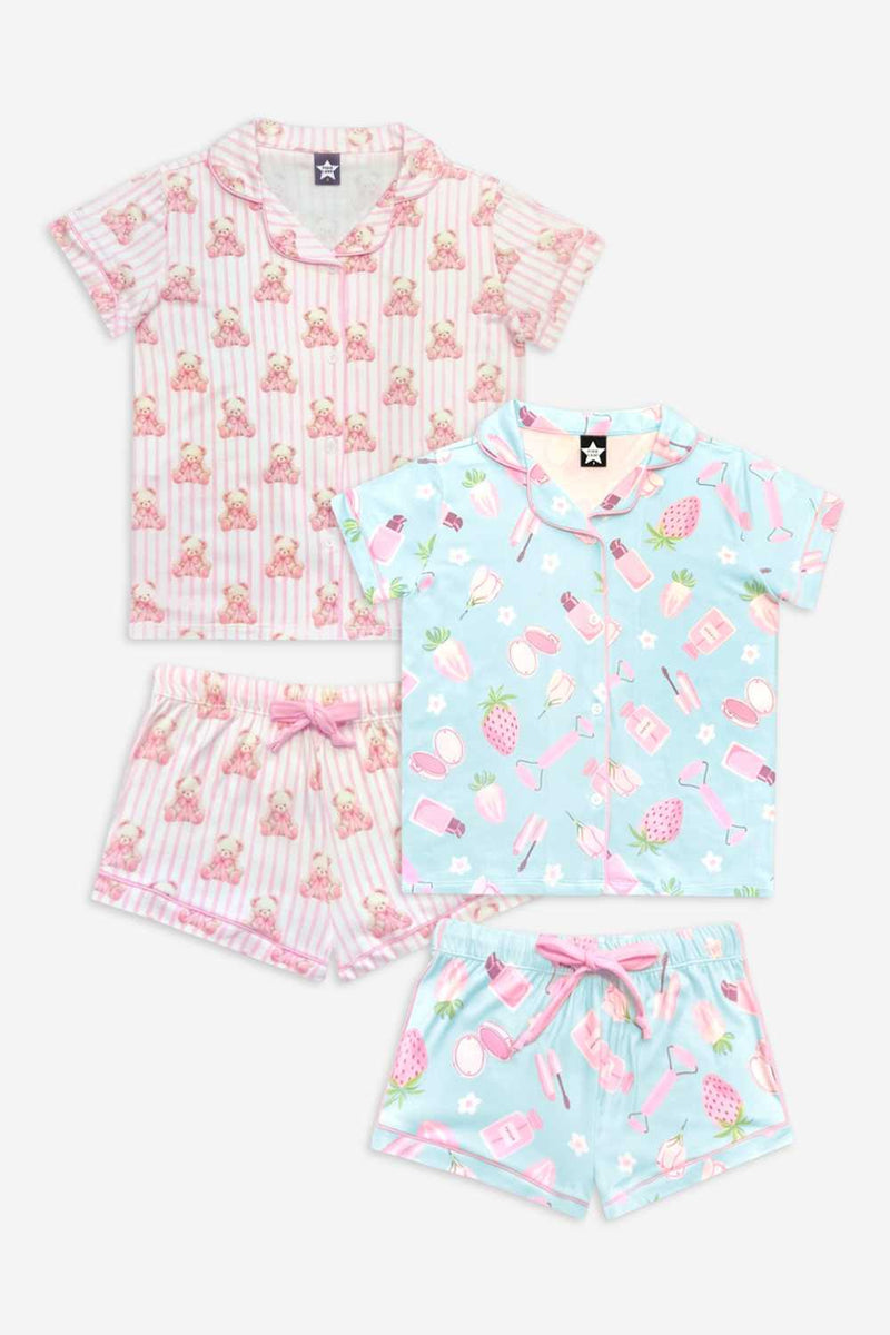 2 Pack - Short Sleeve Simply Soft Button Down Top & Short - Sage Pink Makeup | Ivory Pink Stripe Bear Bow
