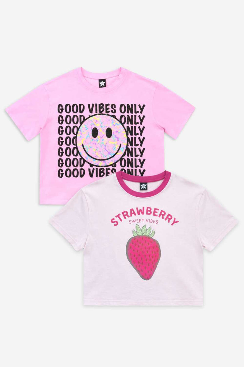2-Pack Washed Cotton Drop Shoulder Tee - Pink Strawberry Vibes | Pink Good Vibes Splatter Smile - NEW!