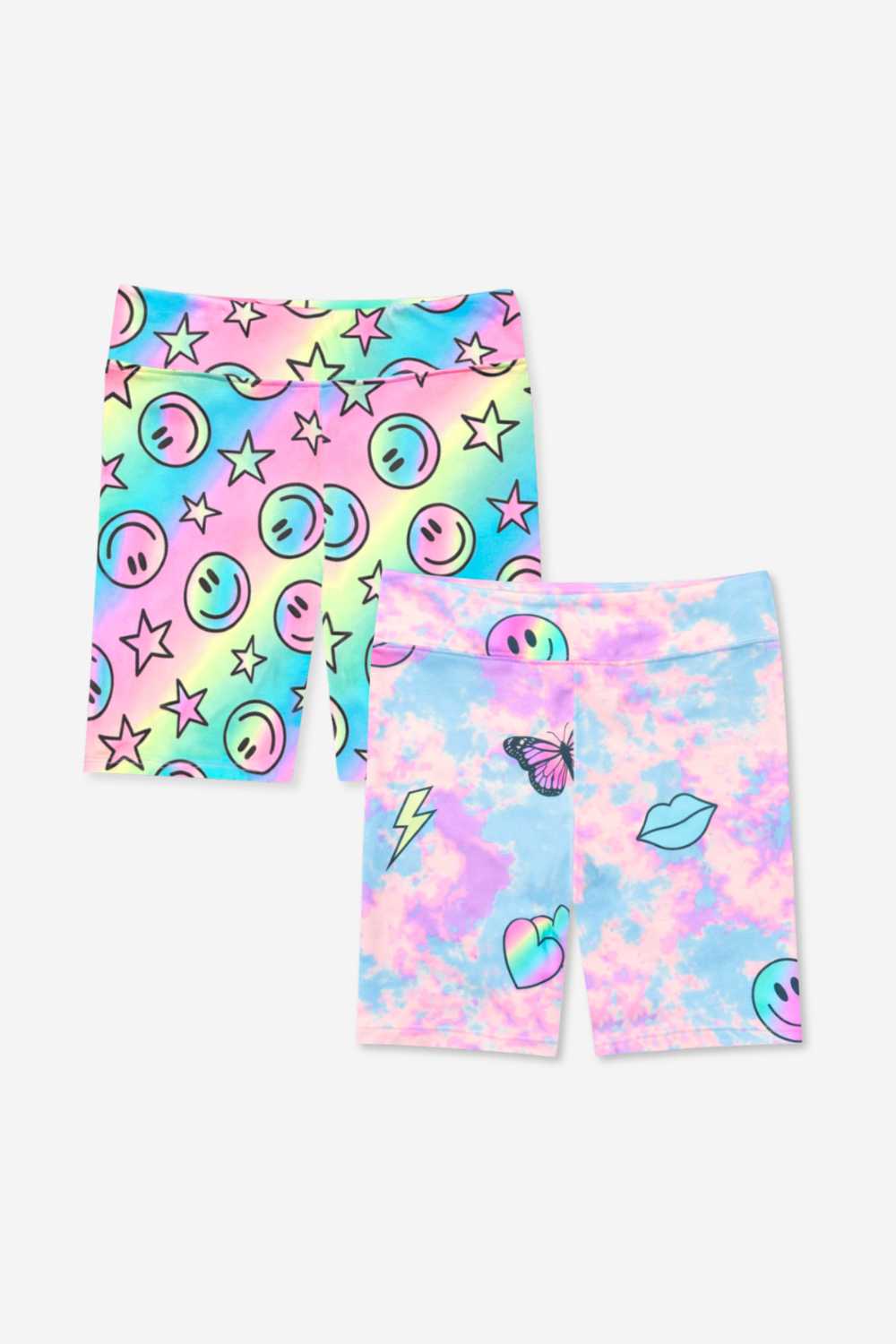 2 Pack Simply Soft Biker Short - Pastel Rainbow Tie Dye Emoji | Rainbow Smile & Stars - NEW!