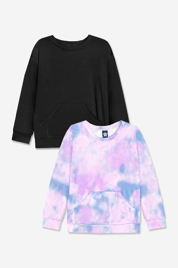2-Pack Simply Soft Kanga Pocket Crew Top - Denim Tie Dye | Black - NEW!