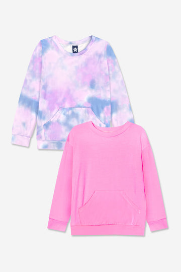 2-Pack Simply Soft Kanga Pocket Crew Top - Denim Tie Dye | Pop Pink - NEW!