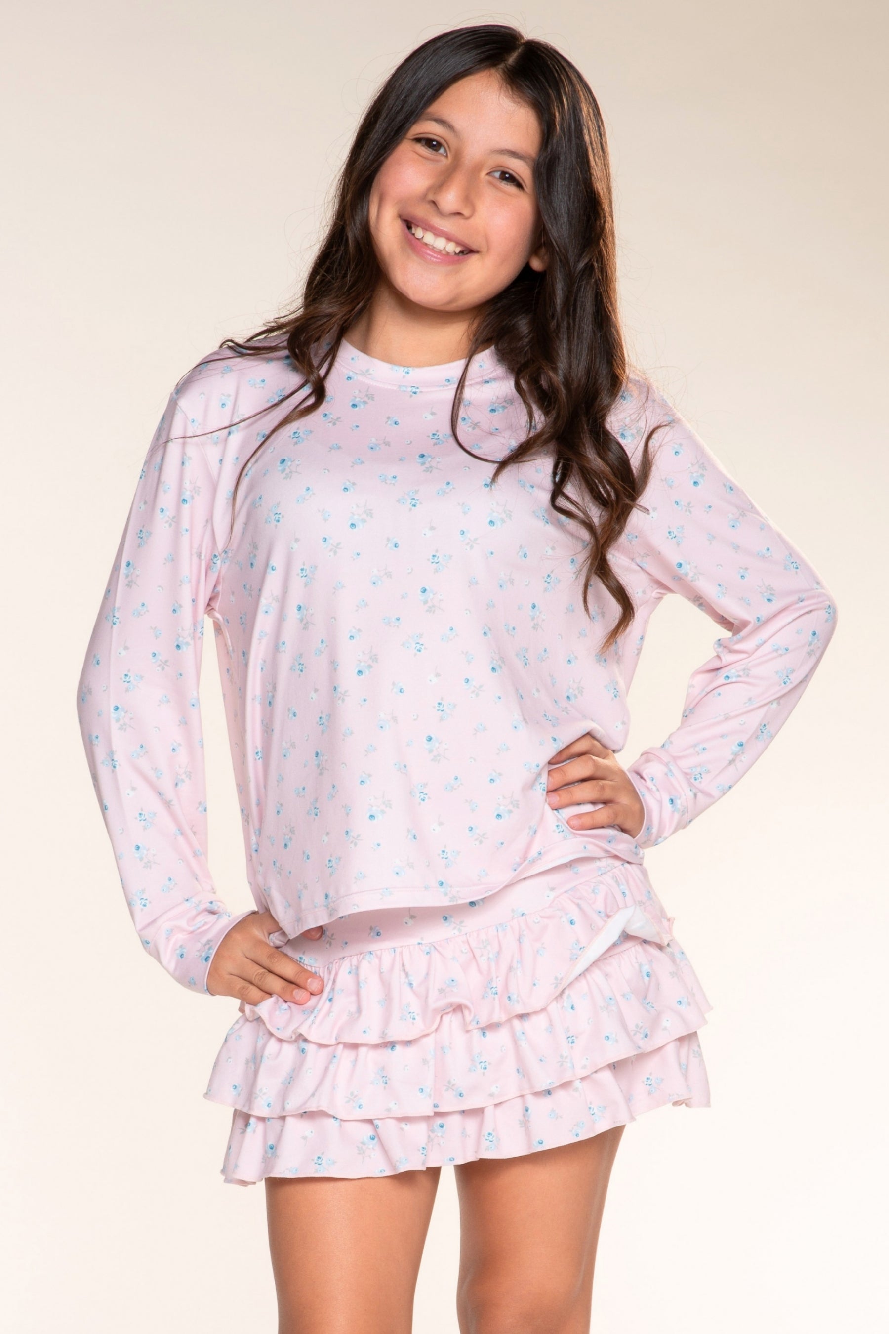 2 Pack Simply Soft Long Sleeve Easy Tee & Triple Ruffle Skort - Light Pink Floral - NEW!