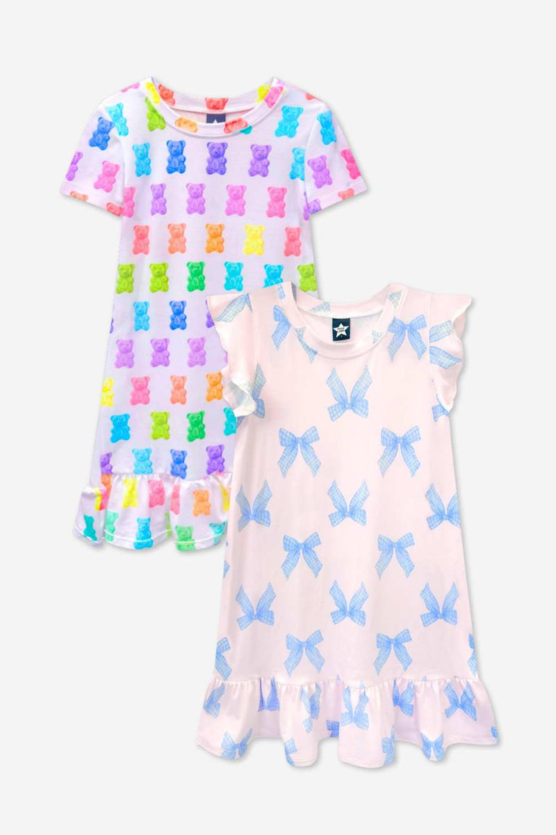 2-Pack Simply Soft Short Sleeve Ruffle Lounge Dress - Lilac Rainbow Gummy Bear | Blush Blue Gingham Bow