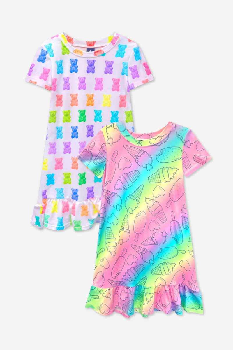 2-Pack Simply Soft Short Sleeve Ruffle Lounge Dress - Pastel Rainbow Treats | Lilac Rainbow Gummy Bear