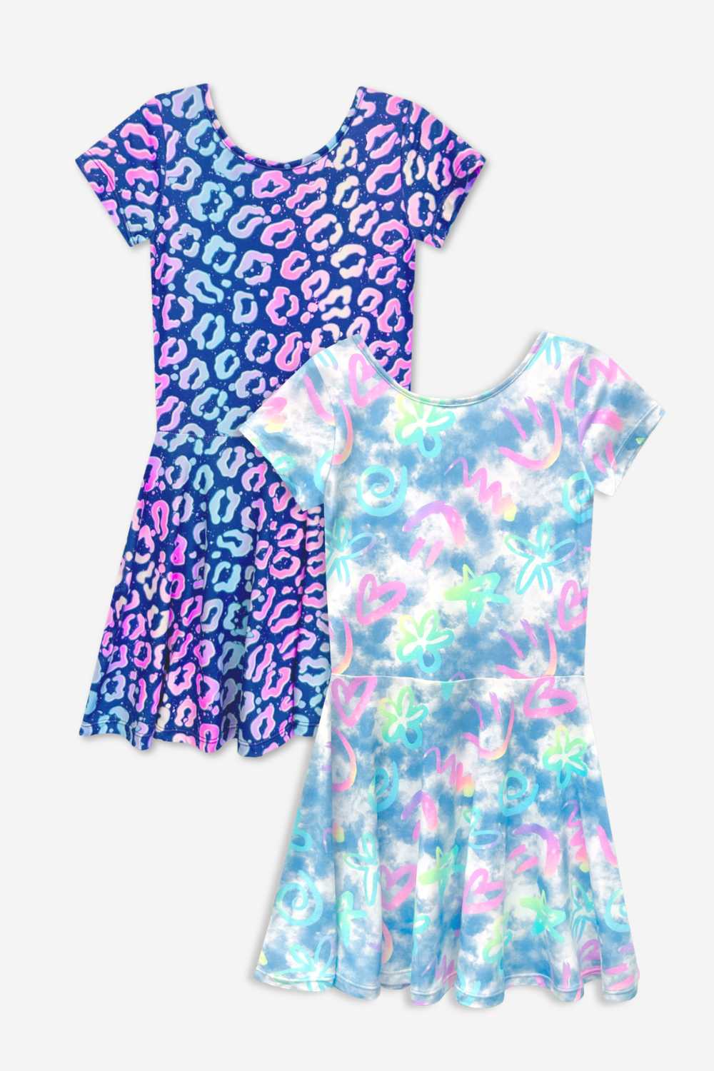 2-Pack Simply Soft Short Sleeve Skater Dress - Denim Rainbow Graffiti | Denim Leopard Splatter