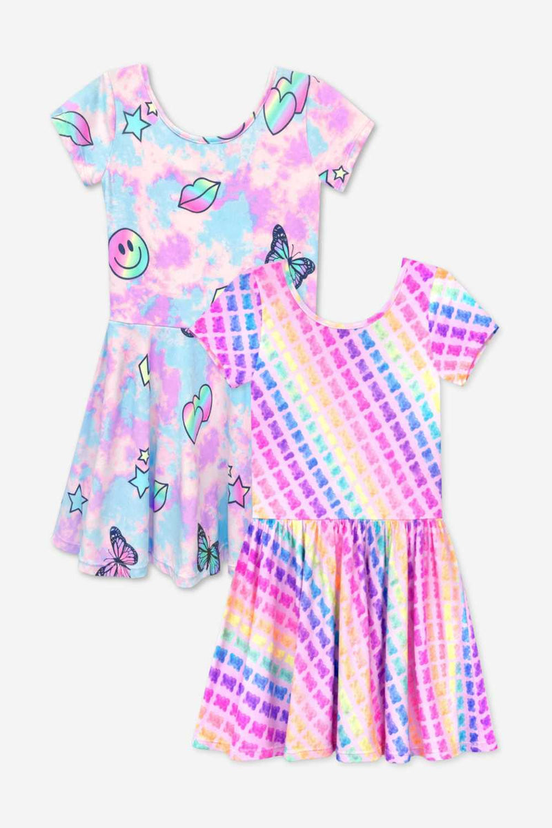 2-Pack Simply Soft Short Sleeve Dress - Pastel Rainbow Tie Dye Emoji | Pink Rainbow Gummy Bear