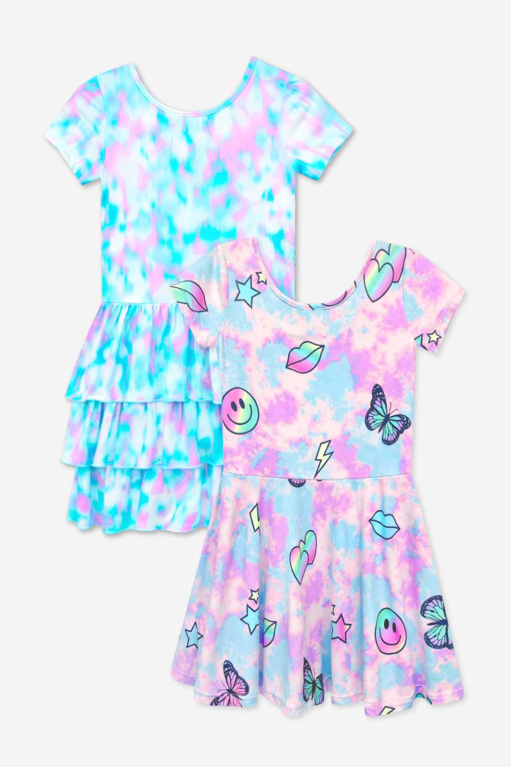 2-Pack Simply Soft Short Sleeve Dress - Rainbow Pastel Tie Dye | Lt Pink Rainbow Leopard Heart