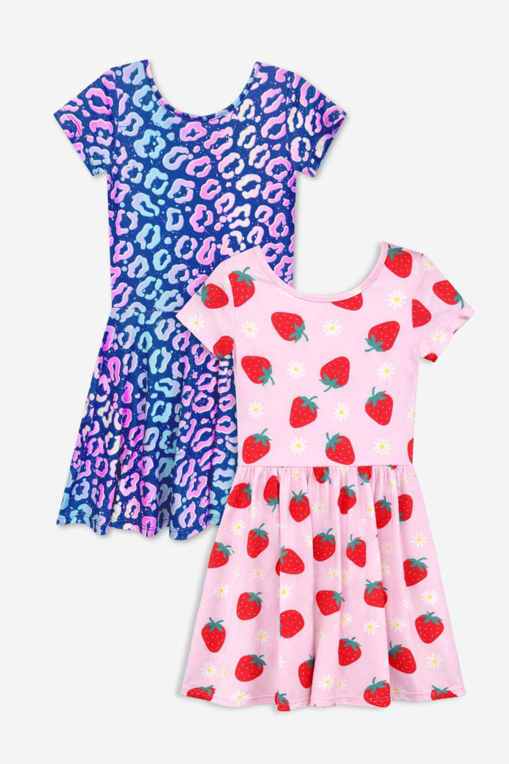 2-Pack Simply Soft Short Sleeve Dress - Rainbow Pastel Tie Dye | Lt Pink Rainbow Leopard Heart