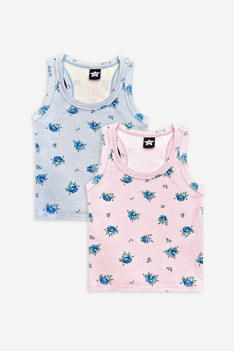 2 Pack Ultra-Soft Ribbed Scoop Racer Tank - Lt Blue Ditsy Floral | Lt Pink Ditsy Floral - NEW!
