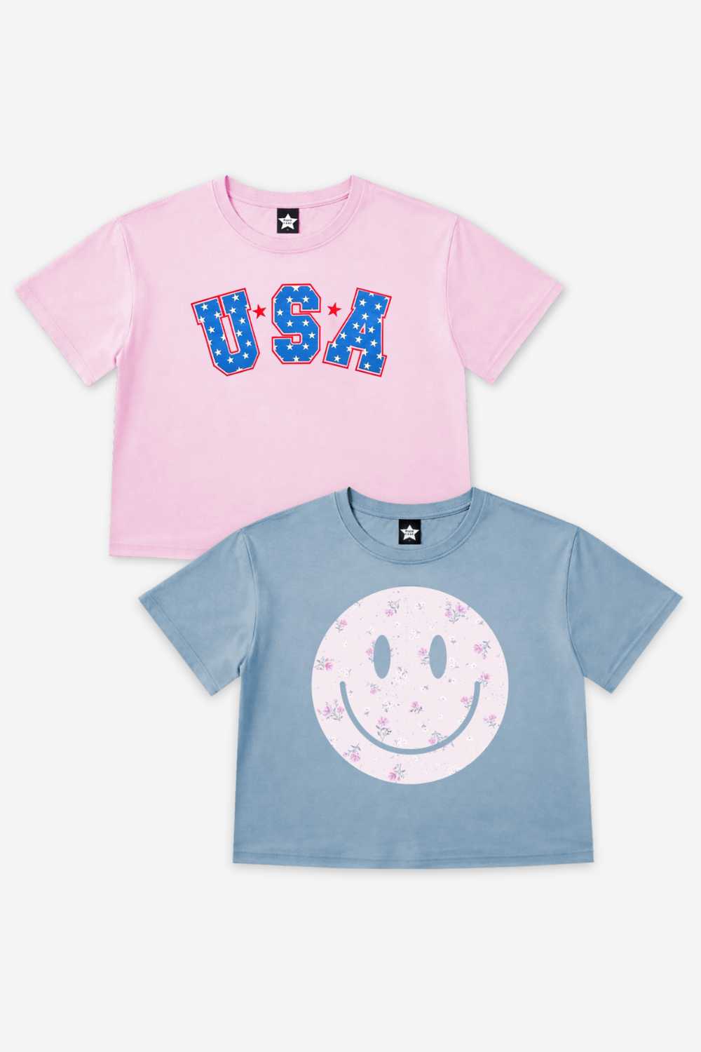 2-Pack Washed Cotton Drop Shoulder Tee - Cream Denim Leopard Heart | Light Blue Vintage Daisy
