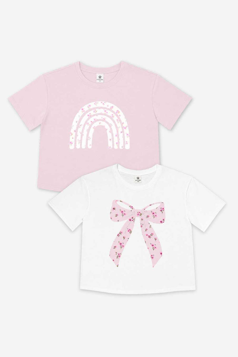 2-Pack Washed Cotton Drop Shoulder Tee - Mauve Floral Rainbow | White Pink Floral Bow - NEW!