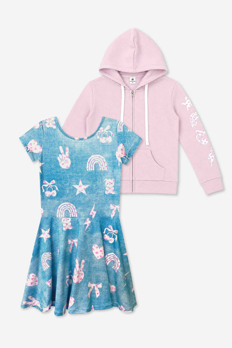 2 Pack Pretty Pink Floral Dress & Hoodie Emoji Set - Pretty Pink Denim Floral Emoji - NEW!