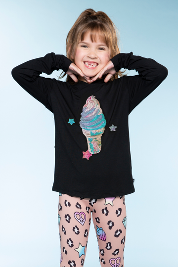 Modal Knit Hoodie Pullover with Thumbholes - Black Sequin Ice Cream