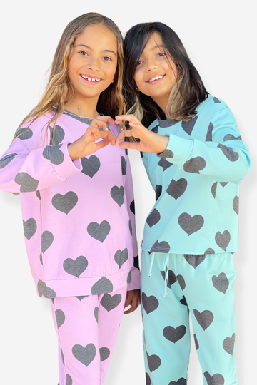 French Terry Easy Crew Sweatshirt - Ice Mint Charcoal Hearts