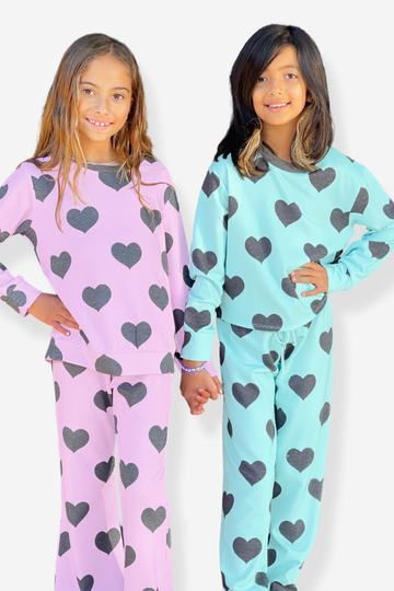 French Terry Flare Sweatpant - Pink Lilac Charcoal Hearts