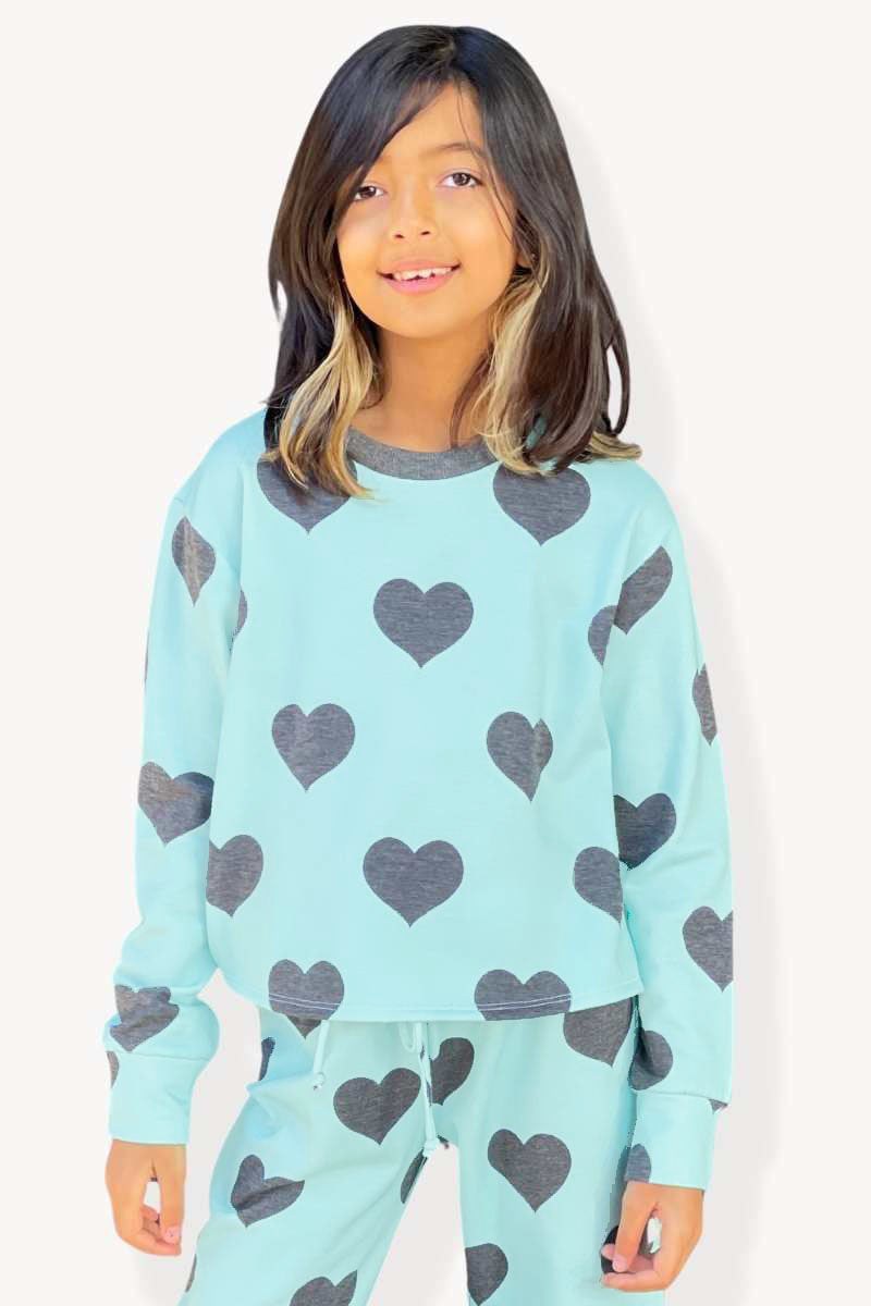 French Terry Easy Crew Sweatshirt - Ice Mint Charcoal Hearts