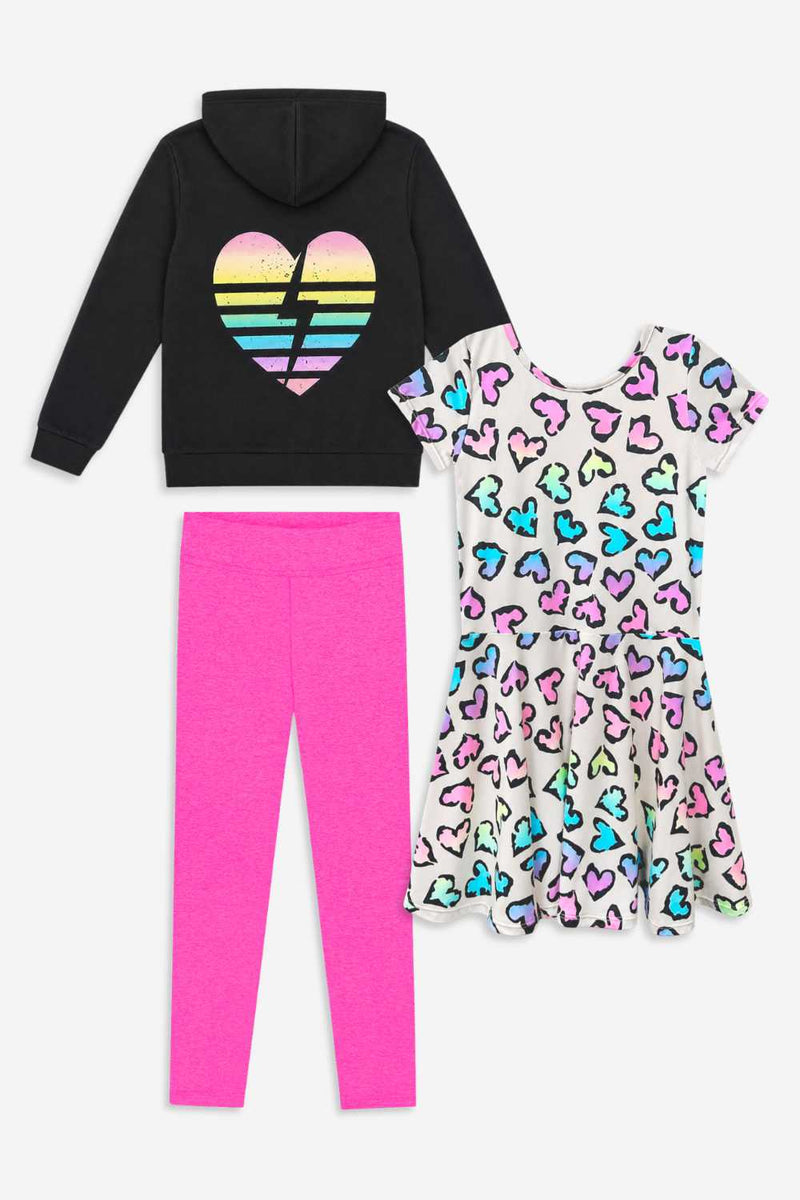 3 Pack Retro Rainbow & Leopard Heart Dress, Hoodie & Leggings - Retro Rainbow & Hearts - NEW!