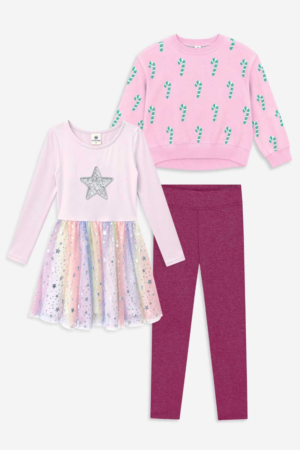 3 Pack Yummy Soft Sweater, Long Sleeve Ballet Be Happy Tulle Dress & Simply Soft Luxe Mid-Rise Long Legging - Bubble Gum Pink Green Ivory Candy Canes | Pink Sequin Silver Star Rainbow Foil | Burgundy Heather - NEW!