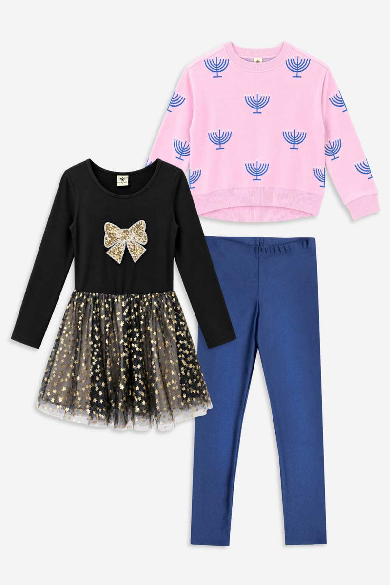 3 Pack Yummy Soft Sweater, Long Sleeve Ballet Be Happy Tulle Dress & High Shine Legging - Bubble Gun Pink Blue Menorah | Black Gold Sequin Bow Foil Star | Vintage Navy - NEW!