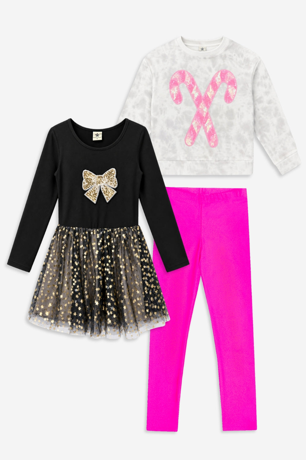 3 Pack Cloud Soft French Terry Sequin Sweatshirt, Simply Soft Long Sleeve Sequin Be Happy Dress & High Shine Legging - Grey Ivory Pink Candy Cane Sequin | Black Gold Sequin Bow Foil Star | Neon Pink - NEW!