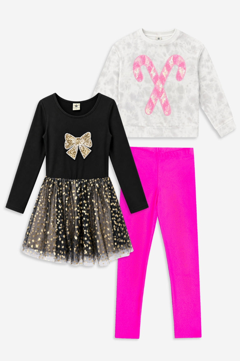 3 Pack Cloud Soft French Terry Sequin Sweatshirt, Simply Soft Long Sleeve Sequin Be Happy Dress & High Shine Legging - Grey Ivory Pink Candy Cane Sequin | Black Gold Sequin Bow Foil Star | Neon Pink - NEW!