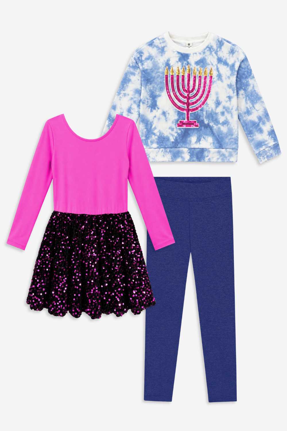 3 Pack Cloud Soft French Terry Sequin Sweatshirt, Simply Soft Long Sleeve Sequin Be Happy Dress & Simply Soft Luxe Mid-Rise Long Legging - Blue Ivory Tie Dye Pink Menorah Sequin | Pink Blush Sequin | Navy Heather Blue - NEW!