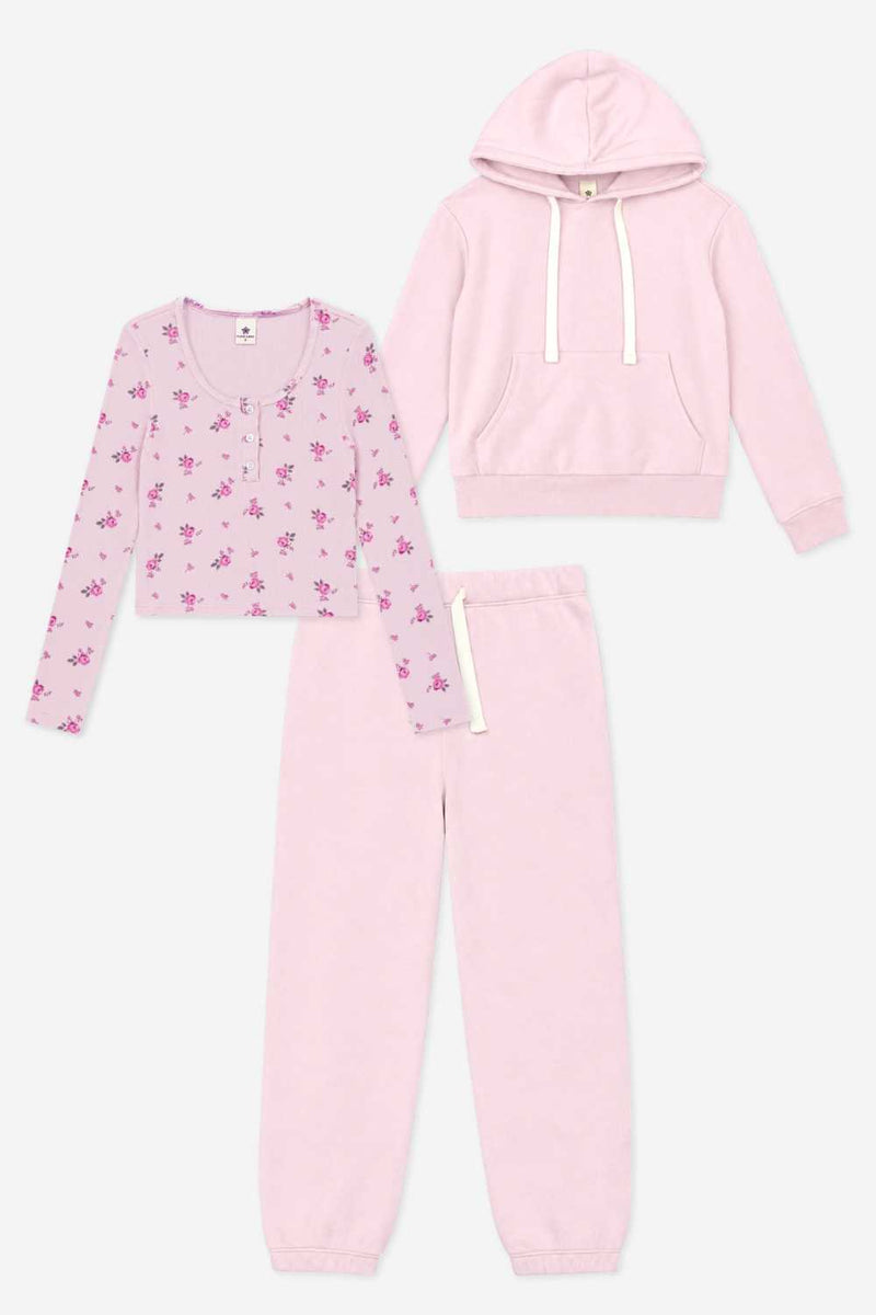 3-Pack Hoodie, Jogger & Henley Set - Powder Pink | Powder Pink Floral - NEW!