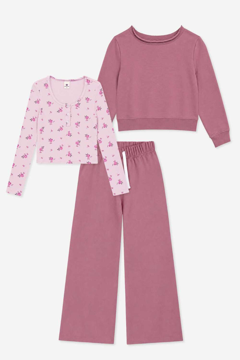 3-Pack Off-Shoulder, Wide Leg & Henley Set - Mulberry | Powder Pink Floral - NEW!