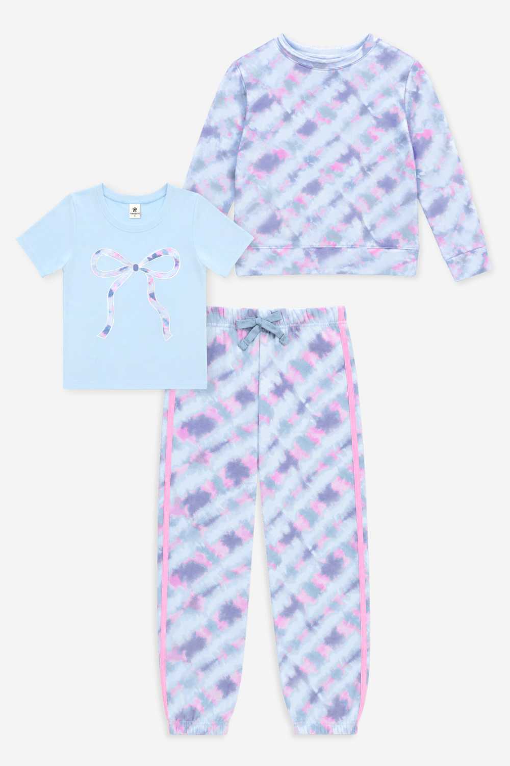 3 Pack Off The Shoulder Sweatshirt With Sweatpant & Fitted tee - Ice Blue Pink Denim Tie Dye | Ice Blue Tie Dye Bow | Ice Blue Pink Denim Tie Dye - NEW!