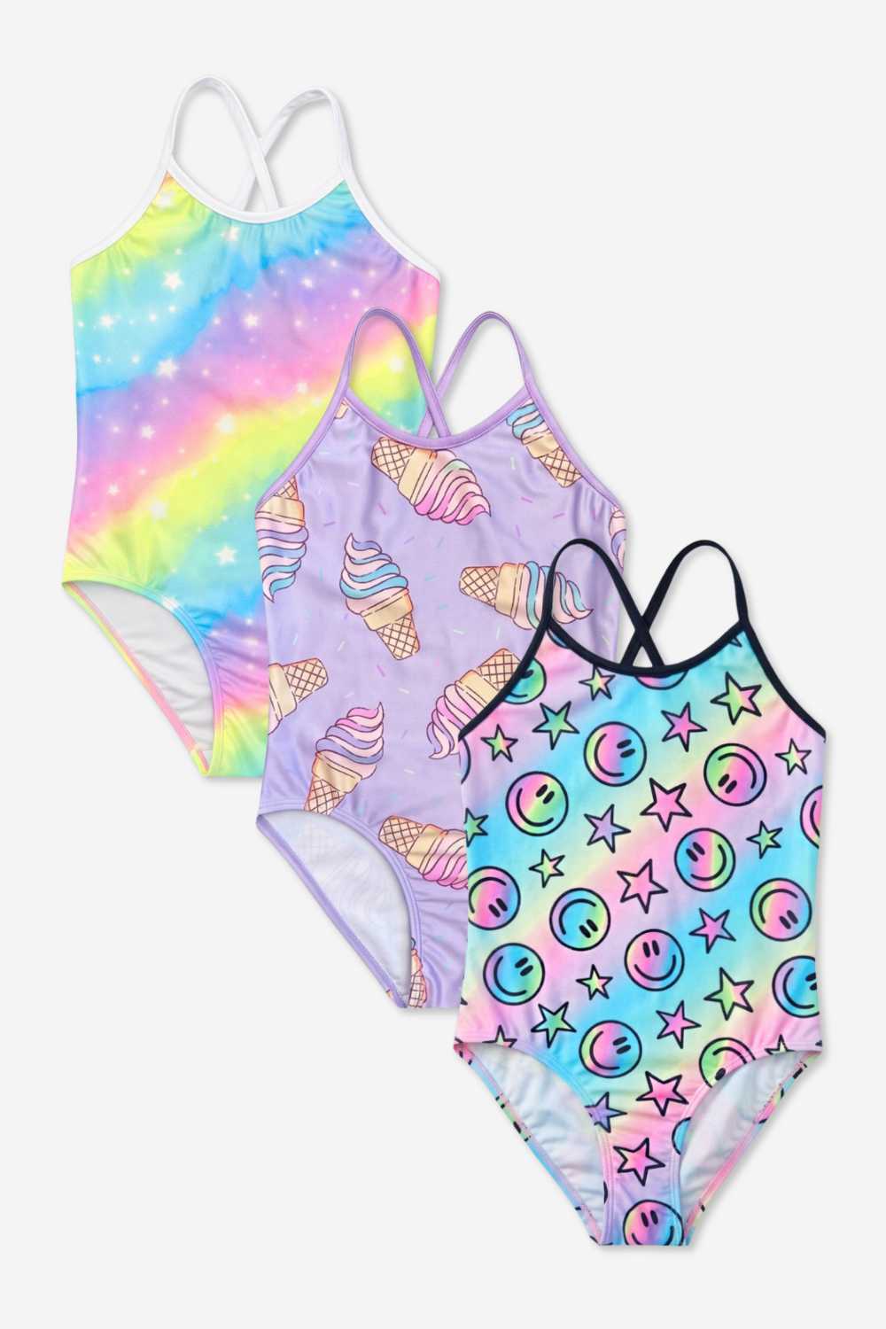 3 Pack - Strappy One Piece Swimsuit - Vintage Denim Graffiti  Elements | Pastel Rainbow Tie Dye Emoji |  Pink Bleach Tie Dye