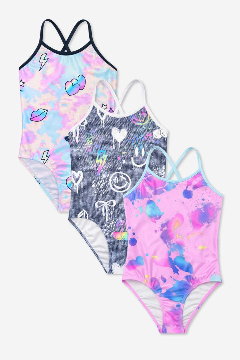 3 Pack - Strappy One Piece Swimsuit - Vintage Denim Graffiti  Elements | Pastel Rainbow Tie Dye Emoji |  Pink Bleach Tie Dye