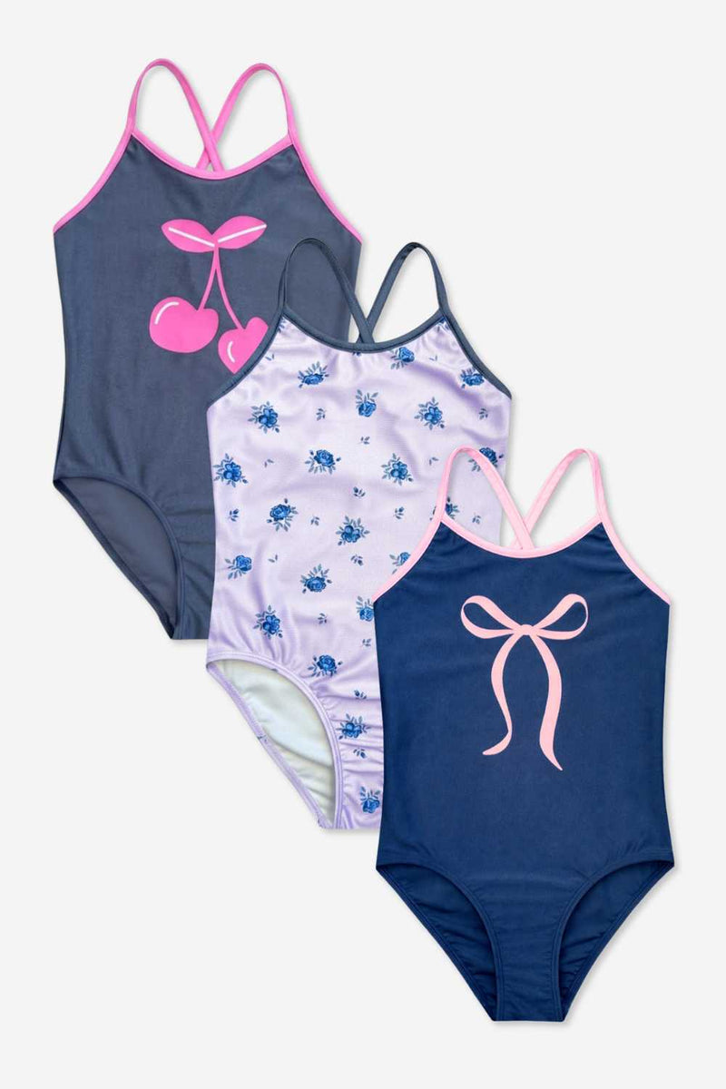 3 Pack - Strappy One Piece Swimsuit - Navy Pink Bow | Lilac Navy Ditsy Floral | Charcoal Pink Cherry - NEW!