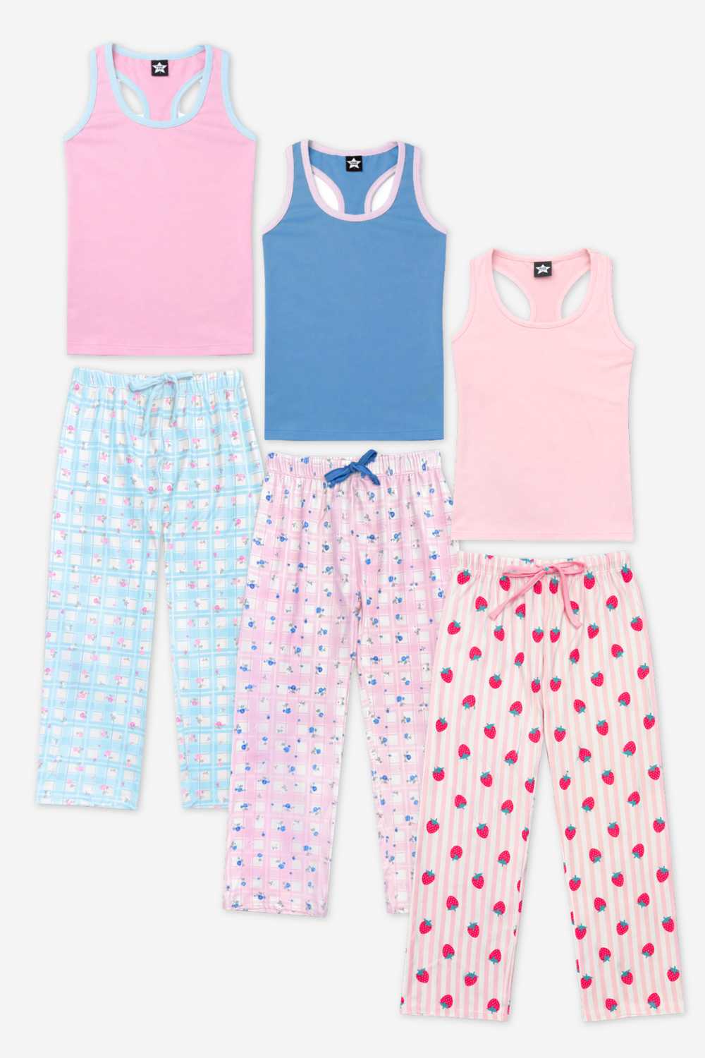 3 Pack Simply Soft Racer Tank & Karate Pant Set - Pink Lt Blue Plaid Floral | Denim Pink Plaid Floral | Pink Ivory Striped Strawberry