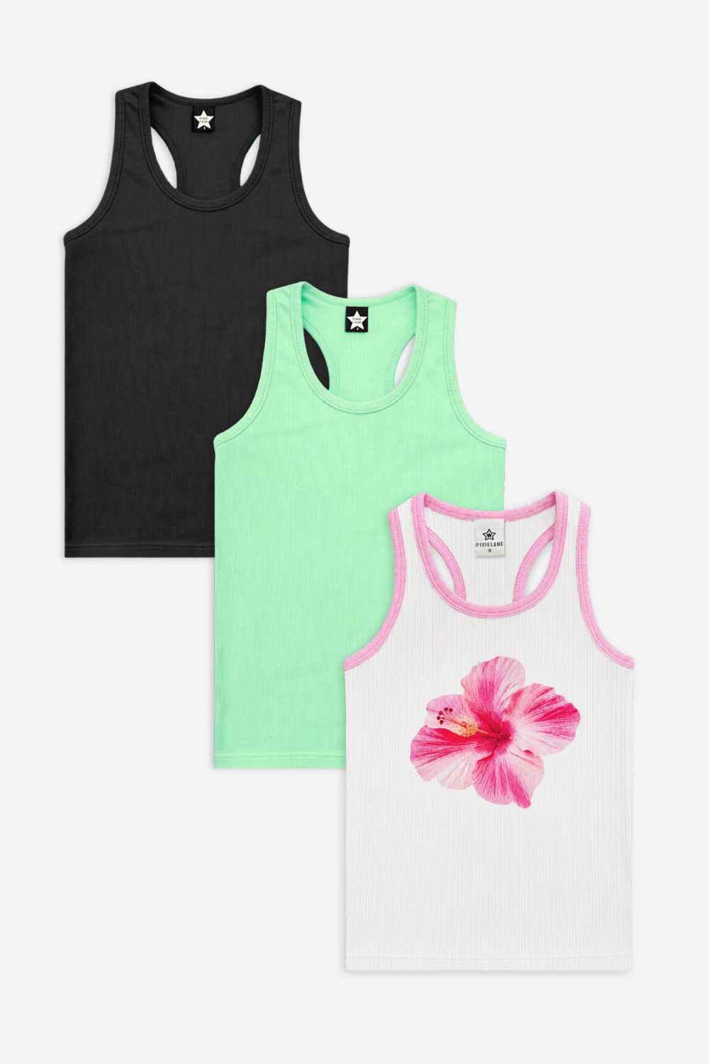 3 Pack - Ribbed Racerback Tank - Neon Lime | Black | White Hibiscus Floral - NEW!