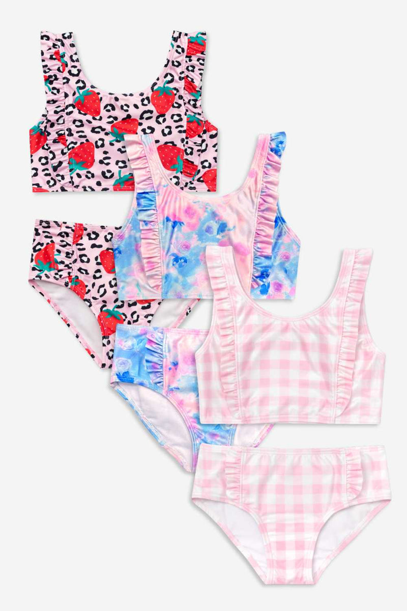 3 Pack Ruffle Two Piece Swimsuit - Pink Blue Watercolor Rose | Lt Pink Gingham | Strawberry Leopard - NEW!