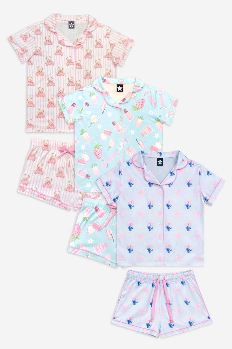 3 Pack - Short Sleeve Simply Soft Button Down Top & Short - Lt Blue Blueberry Bow | Sage Pink Makeup | Ivory Pink Stripe Bear Bow