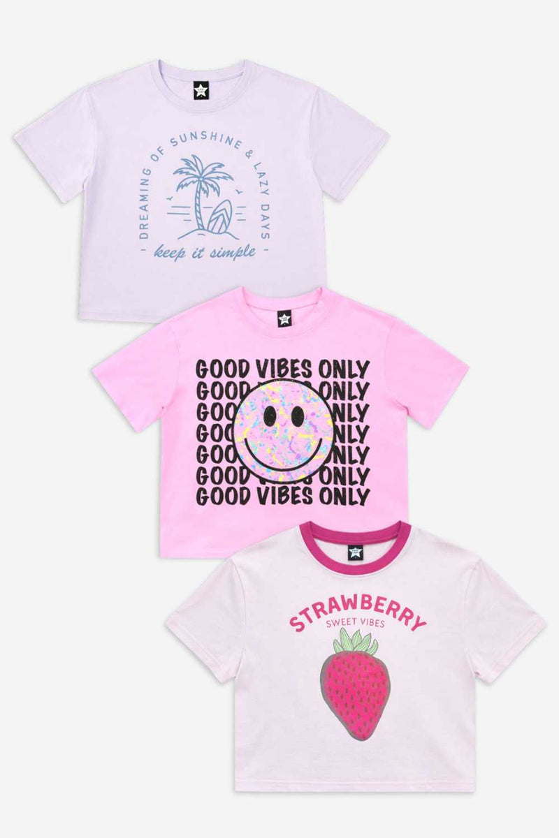 3-Pack Washed Cotton Drop Shoulder Tee - Lilac Denim Palm | Pink Good Vibes Splatter Smile | Pink Strawberry Vibes - NEW!