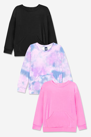 3-Pack Simply Soft Kanga Pocket Crew Top - Denim Tie Dye | Black | Pop Pink - NEW!