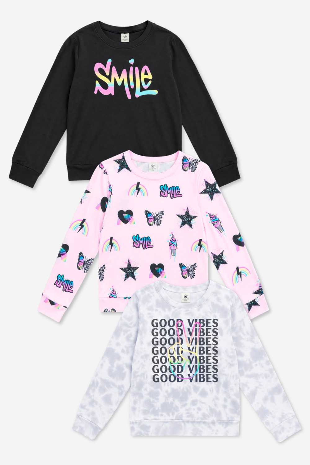 3-Pack Simply Soft Long Sleeve Crew Top - Light Pink Charms | Black Gradient Smile | Grey Good Vibes Peace - NEW!