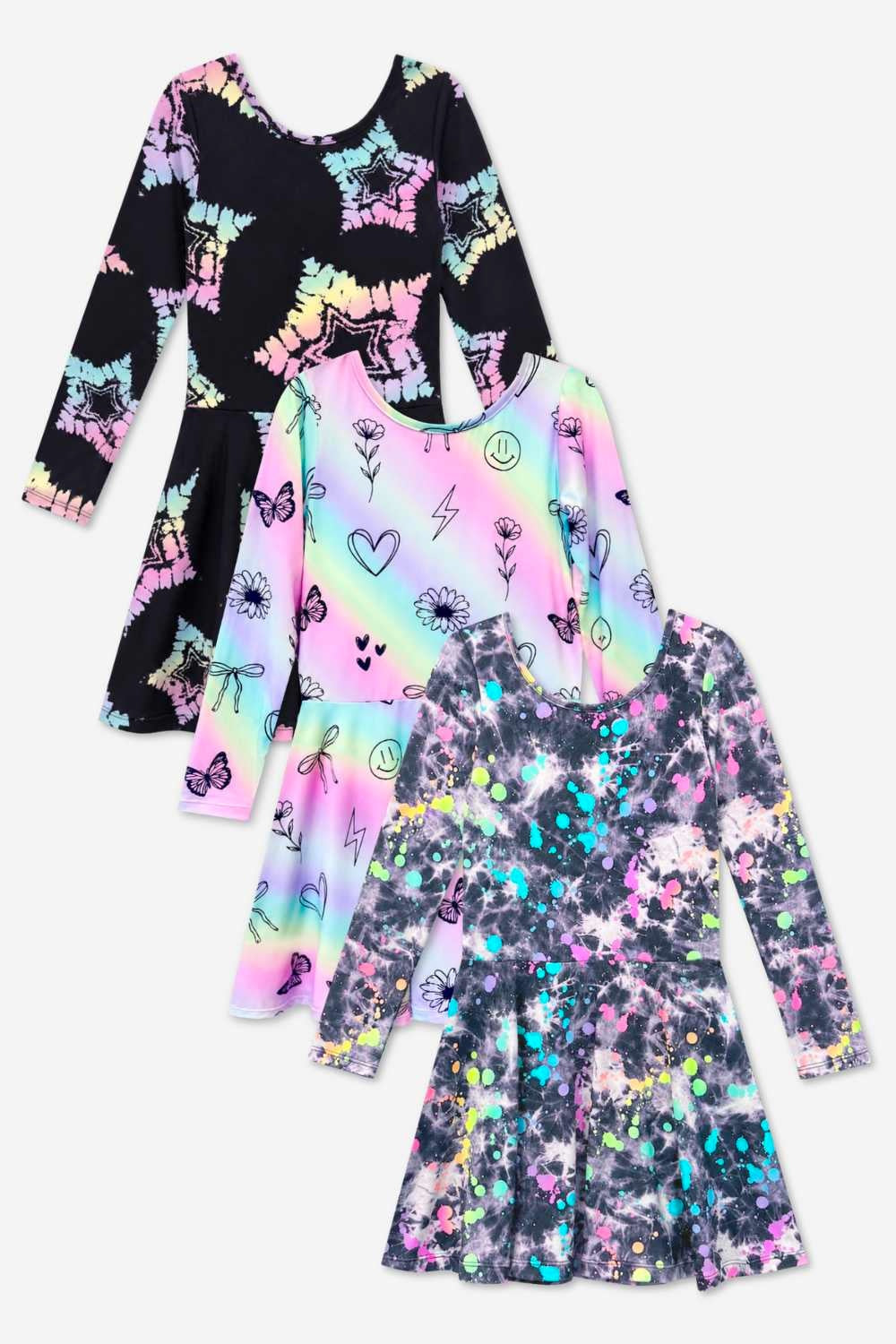3 Pack Simply Soft L/S Skater Dress - Black Tie Dye Rainbow Splatter | Pastel Rainbow Sketch Emoji | Black Rainbow Tie Dye Star - NEW!